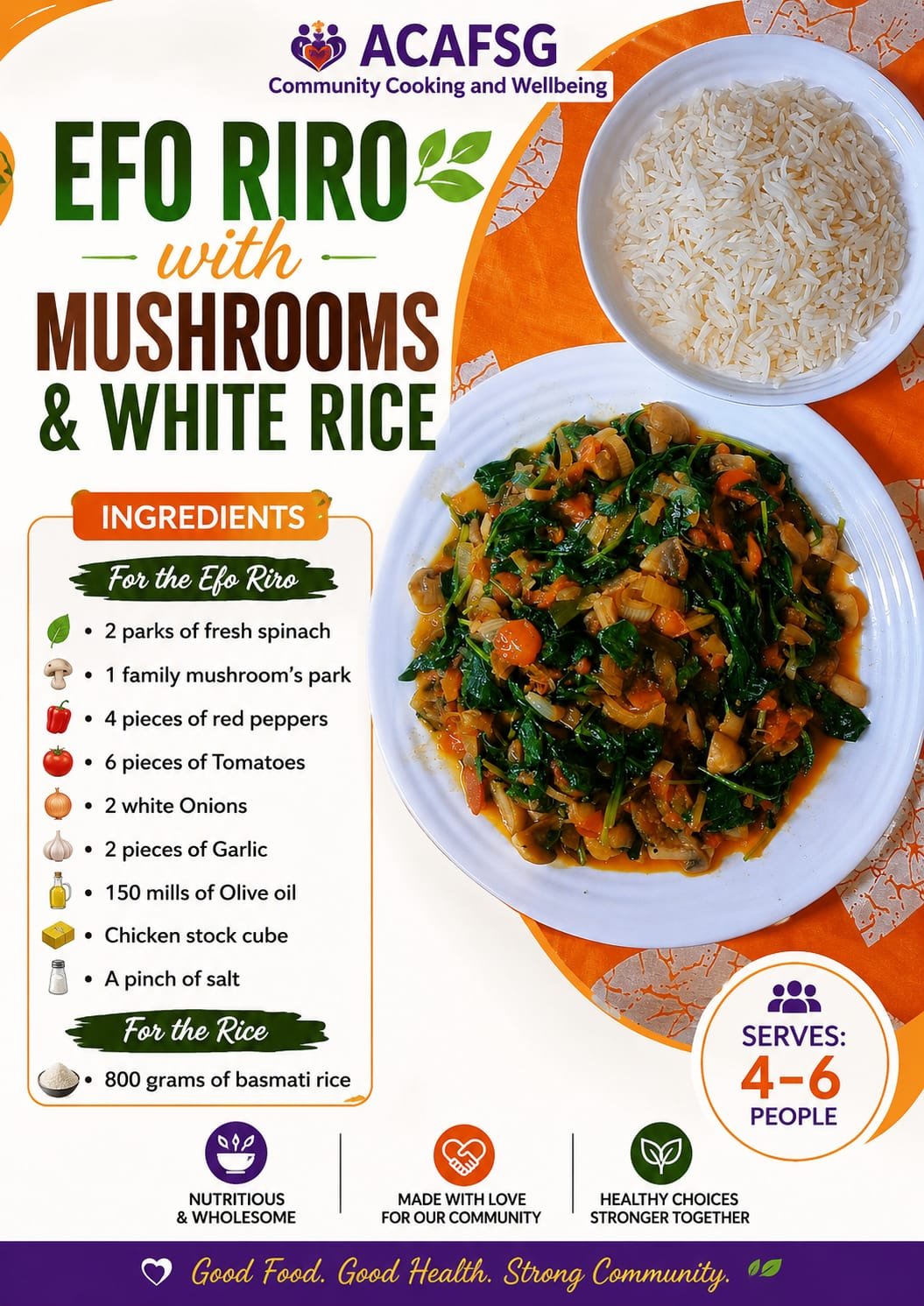 Efo Riro with Mushrooms and White Rice